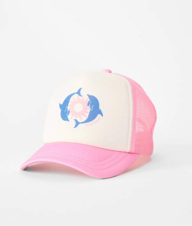 Rip Curl Girls Mixed Revival Trucker Cap in powder pink with dolphin design on white front