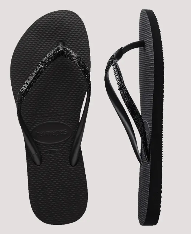 Havaianas Slim Glitter II Jandals in black black showing a pair from side and top angles