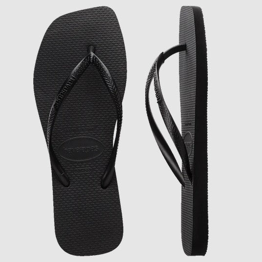 Havaianas Slim Square Solid Womens Jandals in black showing  a pair from a top and side view