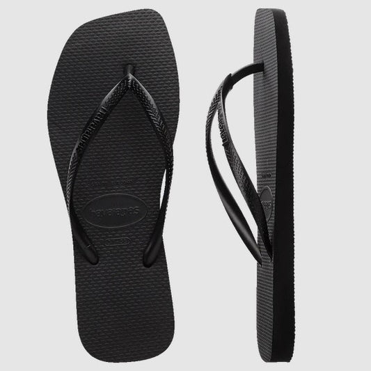 Havaianas Slim Square Solid Womens Jandals in black showing  a pair from a top and side view