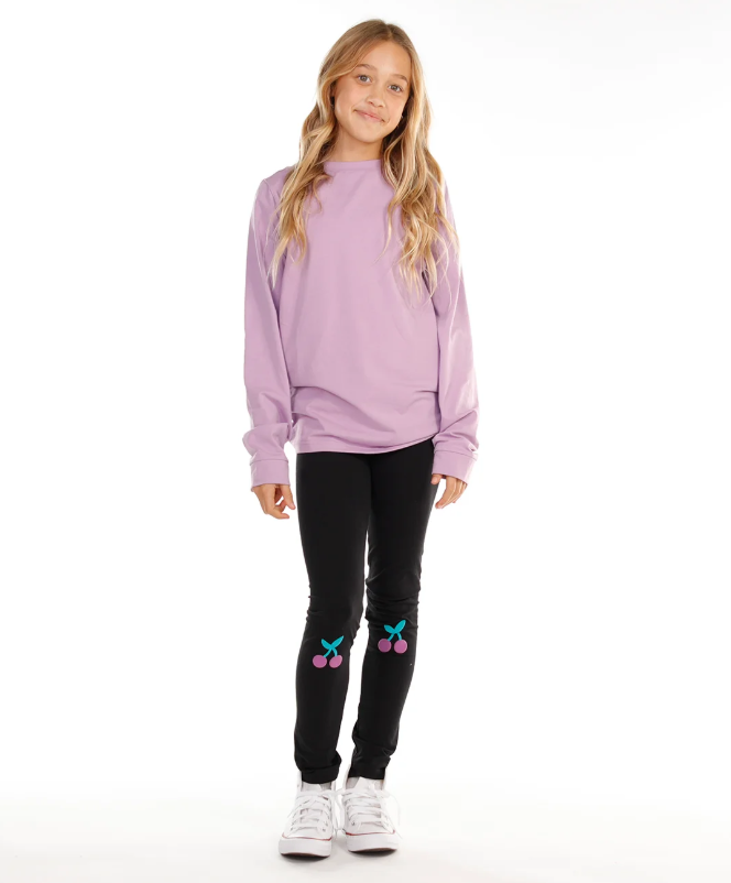 Hello Stranger Besties Girls Long Sleeve Tee on model in hello stranger leggings