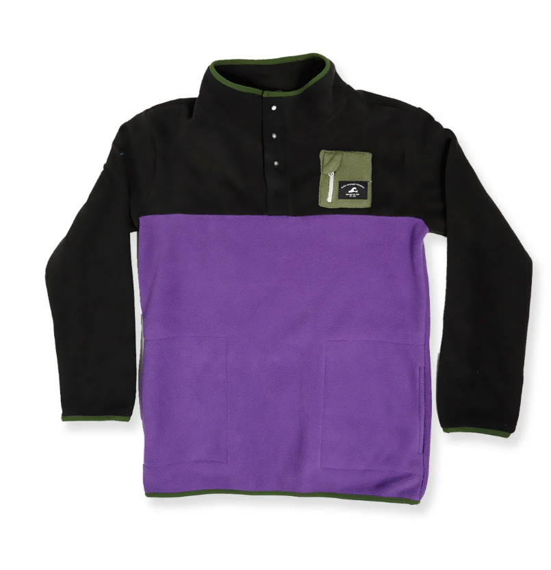 Hello Stranger Boys Adventure Fleece in black and purple flatlay from front on white background