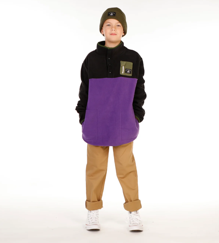 Hello Stranger Boys Adventure Fleece in black and purple on model from front