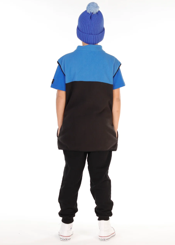 Hello Stranger Boys Everything Vest
 in black and blue on model from rear in black pants and blue hello stranger beanies