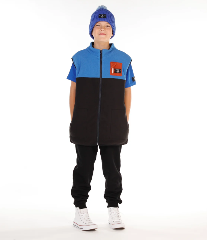 Hello Stranger Boys Everything Vest
 in black and blue on model from front in black pants and blue hello stranger beanies
