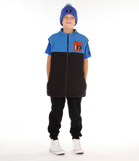 Hello Stranger Boys Everything Vest
 in black and blue on model from front in black pants and blue hello stranger beanies