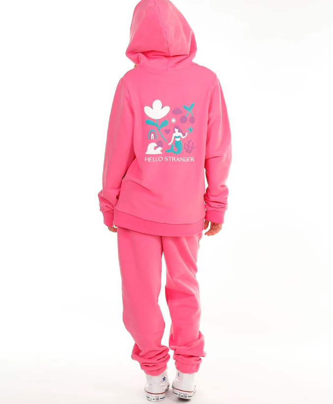 Hello Stranger Seagirl Isla Girls Hoodie in flamingo colourway on model in hello stranger trackpants from rear