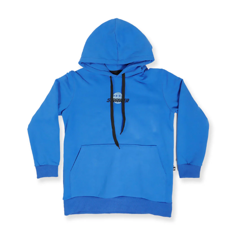 Hello Stranger Smiley Boys Pocket Hoodie in blue showing a flatlay from the front on white background