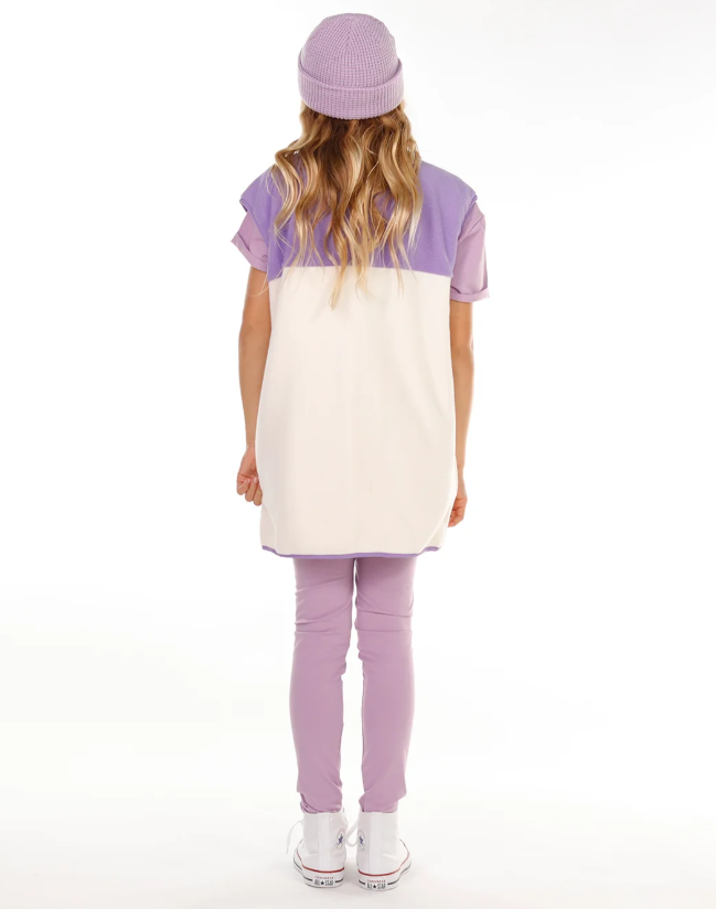 Hello Stranger Girls Adventure Polar Fleece in lavendar and white on model from rear