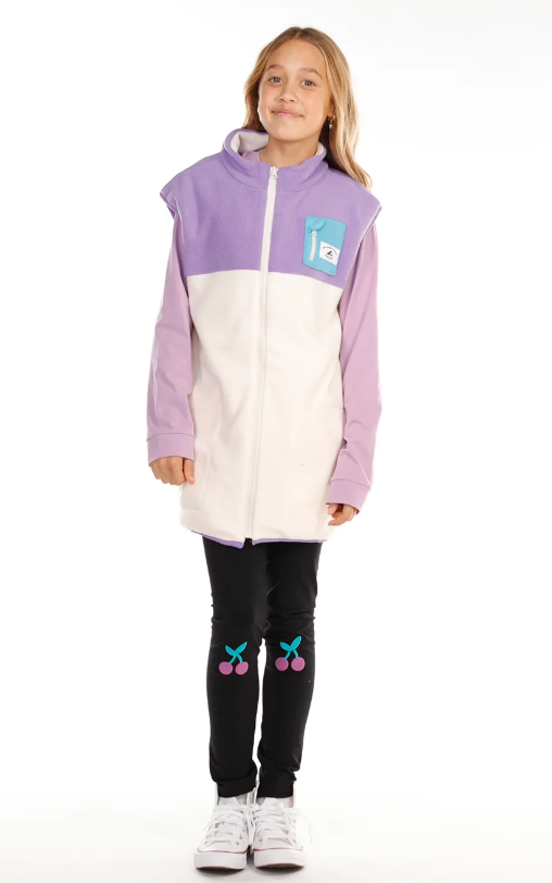 Hello Stranger Girls Adventure Polar Fleece in lavendar and white on model from front