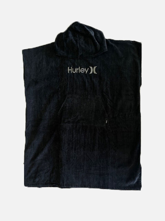 Hurley Surf+ O and O Hooded Towel in black displayed from front. 