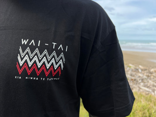 Waitai Aotearoa Kaitiaki Tee front tohu design in white and red close up