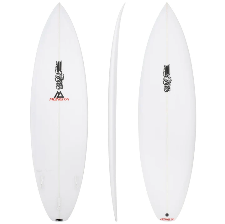 JS Industries PU Monsta Squash Surfboard in white showing deck, rail and side views