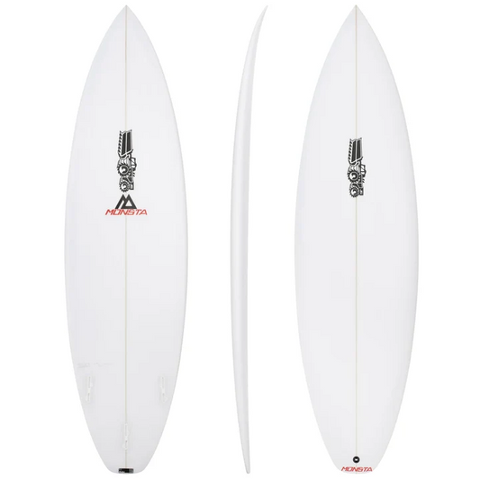 JS Industries PU Monsta Squash Surfboard in white showing deck, rail and side views