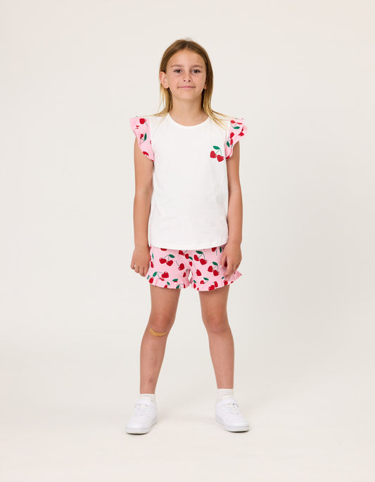 Kissed By Radicool Cherries Girls Frill Shorts  on model in white tee from front