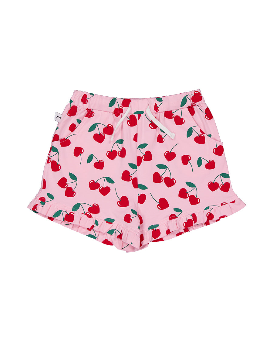Kissed By Radicool Cherries Girls Frill Shorts in pink from front flat lay