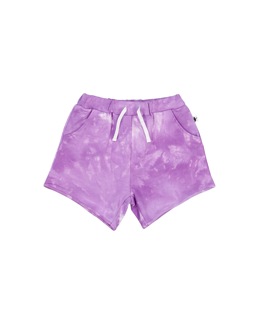 Kissed By Radicool Amethyst Tie Dye Shorts in purple from the front
