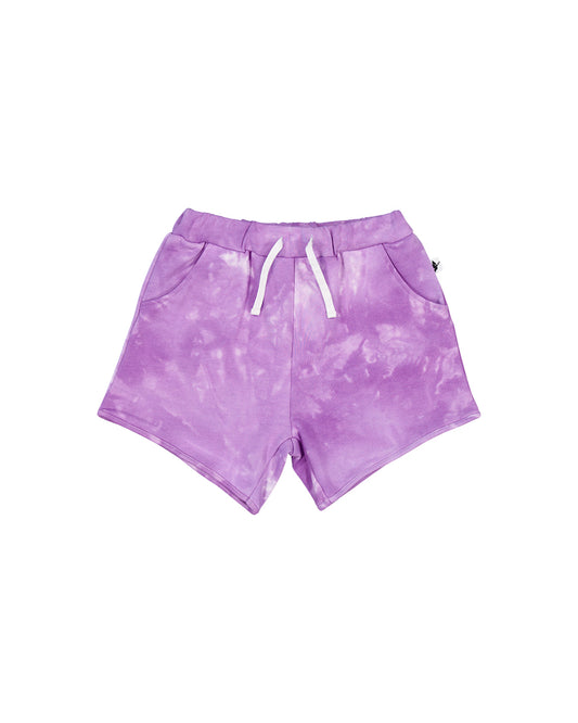 Kissed By Radicool Amethyst Tie Dye Shorts in purple from the front