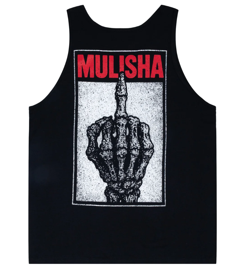 Metal Mulisha Flipper Tank in lack showing the rear with big skeleton hand print