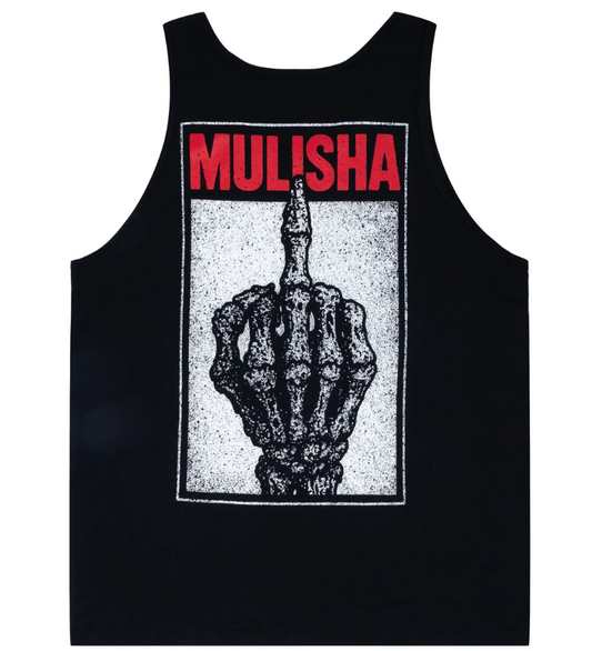 Metal Mulisha Flipper Tank in lack showing the rear with big skeleton hand print