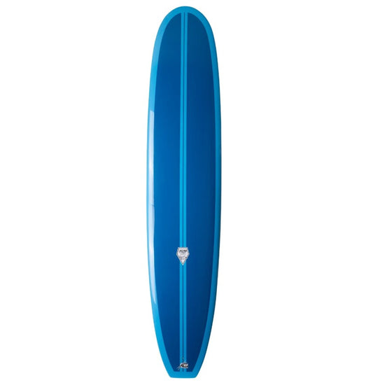 Shapers Union Sleep Walker 9'2 HDT Longboard in blue epoxy with light blue details showing deck view