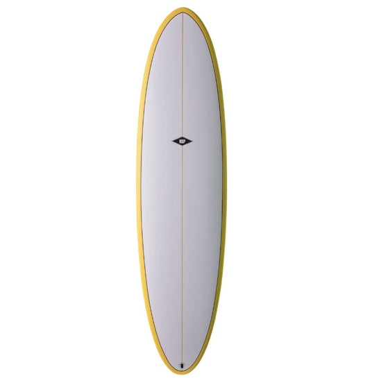 NSP 7'6 Elements Epoxy Funboard in yellow colourway with white deck from top