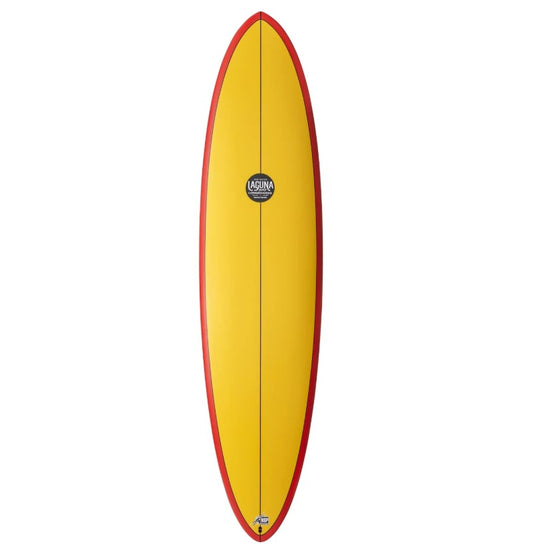 NSP SU Speed Line 7'6 HDT Midlength Surfboard in yellow with red rails from deck view