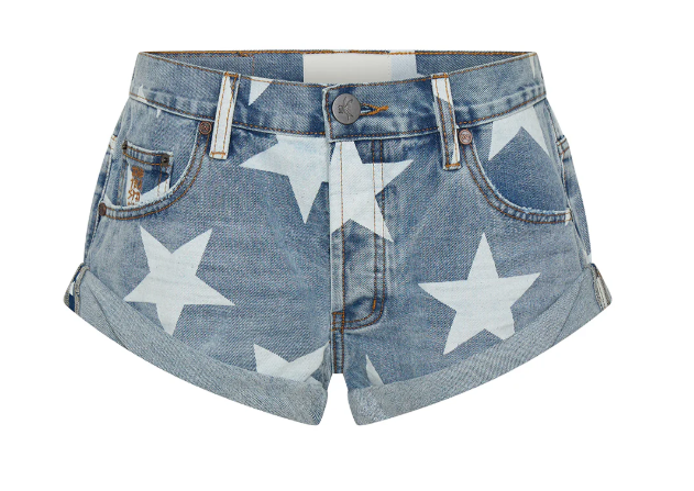 One Teaspoon Bandits Low Waist Denim Shorts - Starwash in light blue denim with stars printed on them flatlay from front