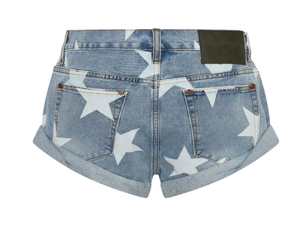 One Teaspoon Bandits Low Waist Denim Shorts - Starwash in light blue denim with stars printed on them flatlay from rear