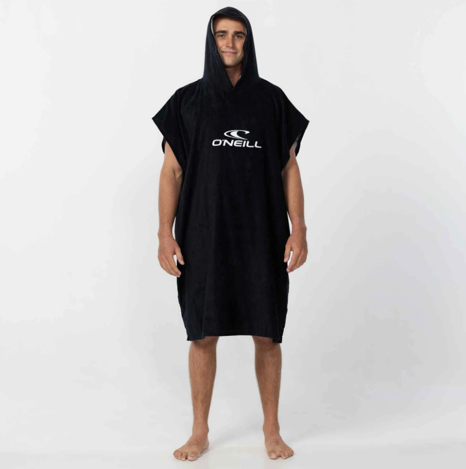 O'Neill Clean and Mean Men's Hooded Towel in black with white O'Neill logo on model from the front with hood up