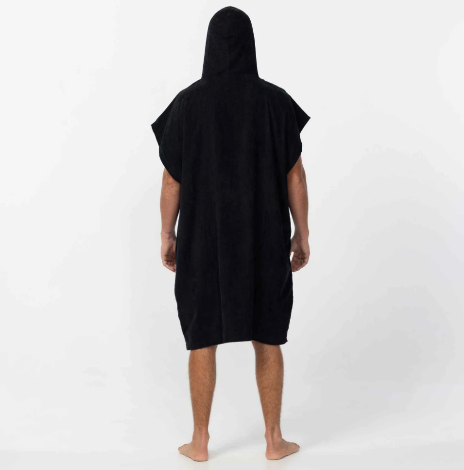 O'Neill Clean and Mean Men's Hooded Towel in black with white O'Neill logo on model from the back with hood up