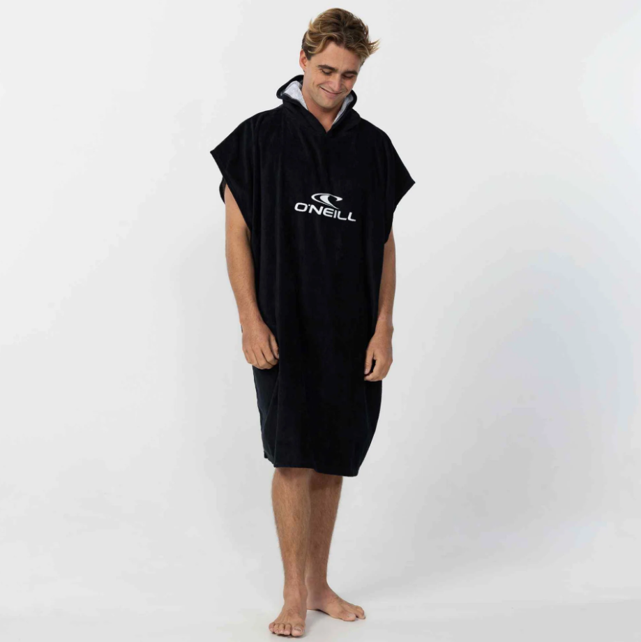 O'Neill Clean and Mean Men's Hooded Towel in black with white O'Neill logo on model from the front with hood down