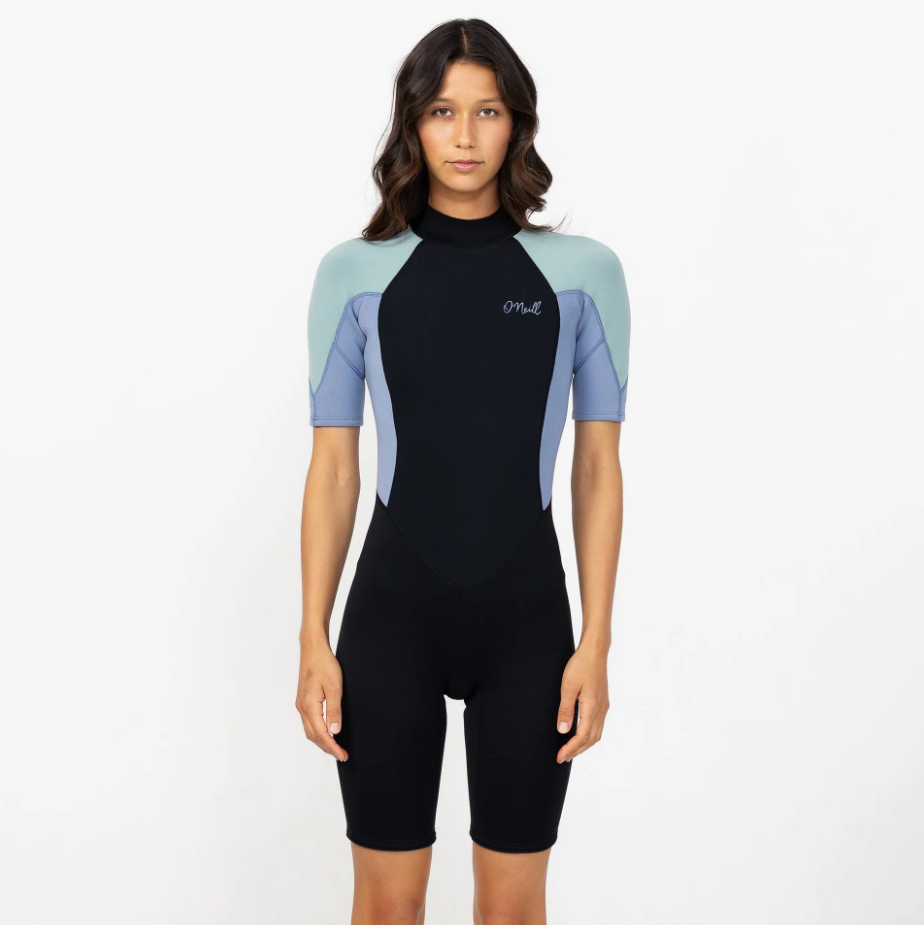 O'Neill Women's 2mm Reactor II Spring Wetsuit in black and eucalyptus on model from the front close up