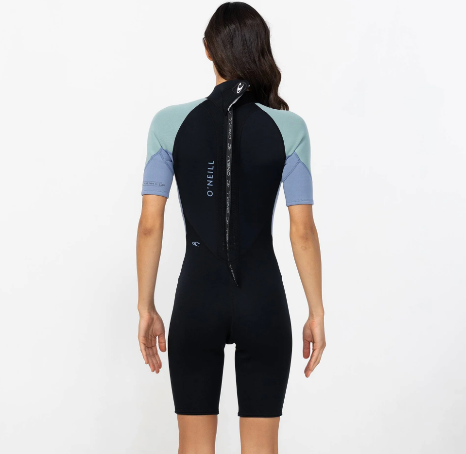O'Neill Women's 2mm Reactor II Spring Wetsuit in black and eucalyptus on model from the back
