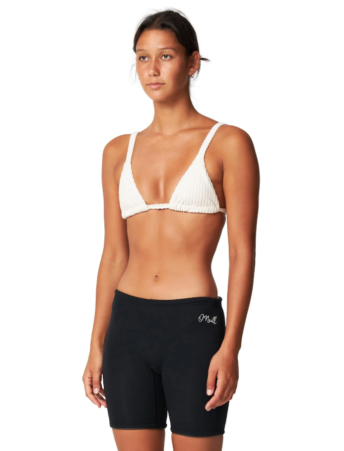 O'Neill Womens Reactor II 1.5mm Wetsuit Shorts in black on model in white bikini top from close up