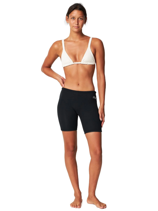 O'Neill Womens Reactor II 1.5mm Wetsuit Shorts in black on model in white bikini top from front