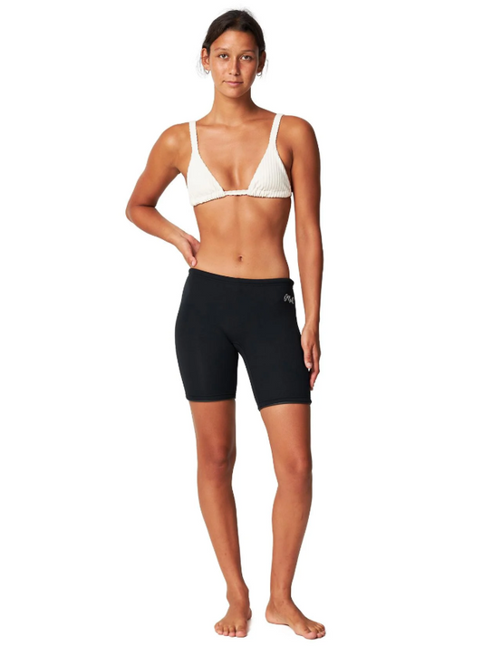 O'Neill Womens Reactor II 1.5mm Wetsuit Shorts in black on model in white bikini top from front