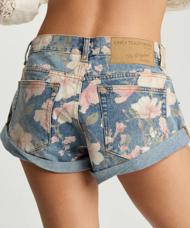 One Teaspoon Lovelorn Bloom Bandits Low Waist Denim Shorts