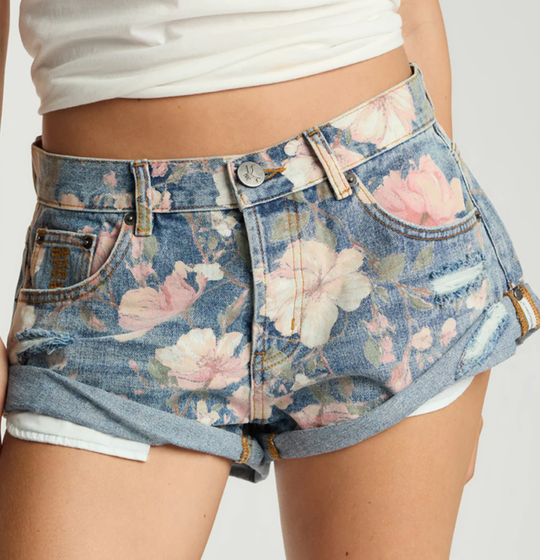 One Teaspoon Lovelorn Bloom Bandits Low Waist Denim Shorts
