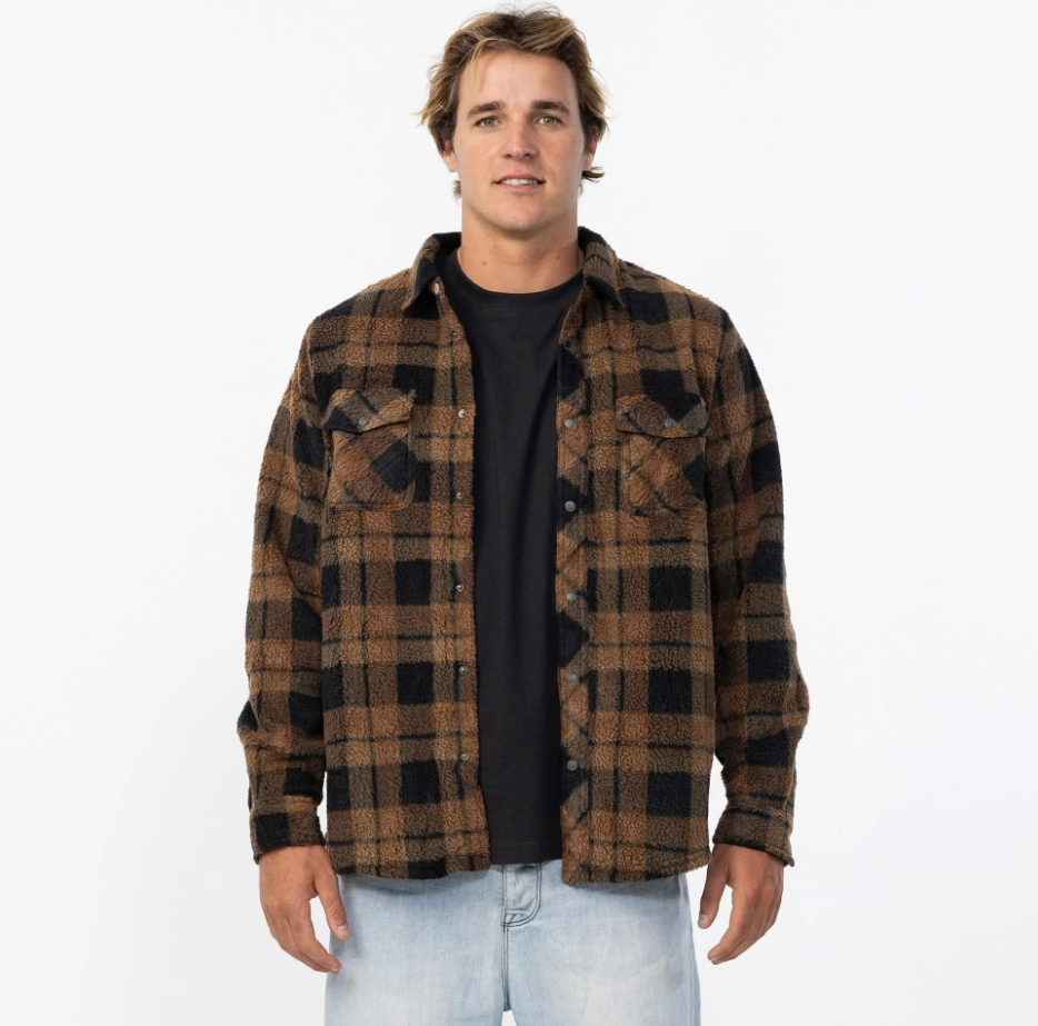 O'Neill Glacier Plaid High Pile Superfleece on male model in dark khaki frontside