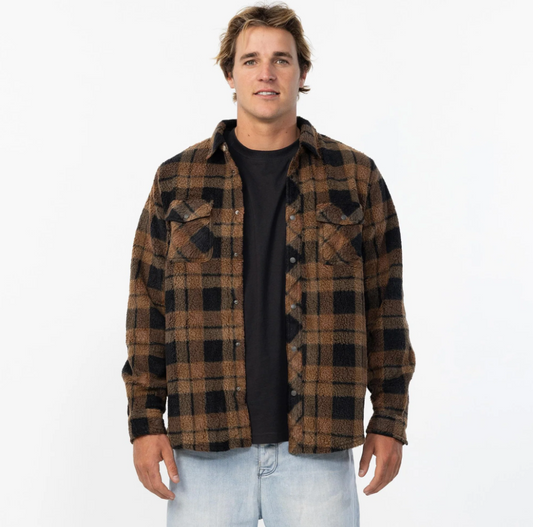 O'Neill Glacier Plaid High Pile Superfleece on male model in dark khaki frontside