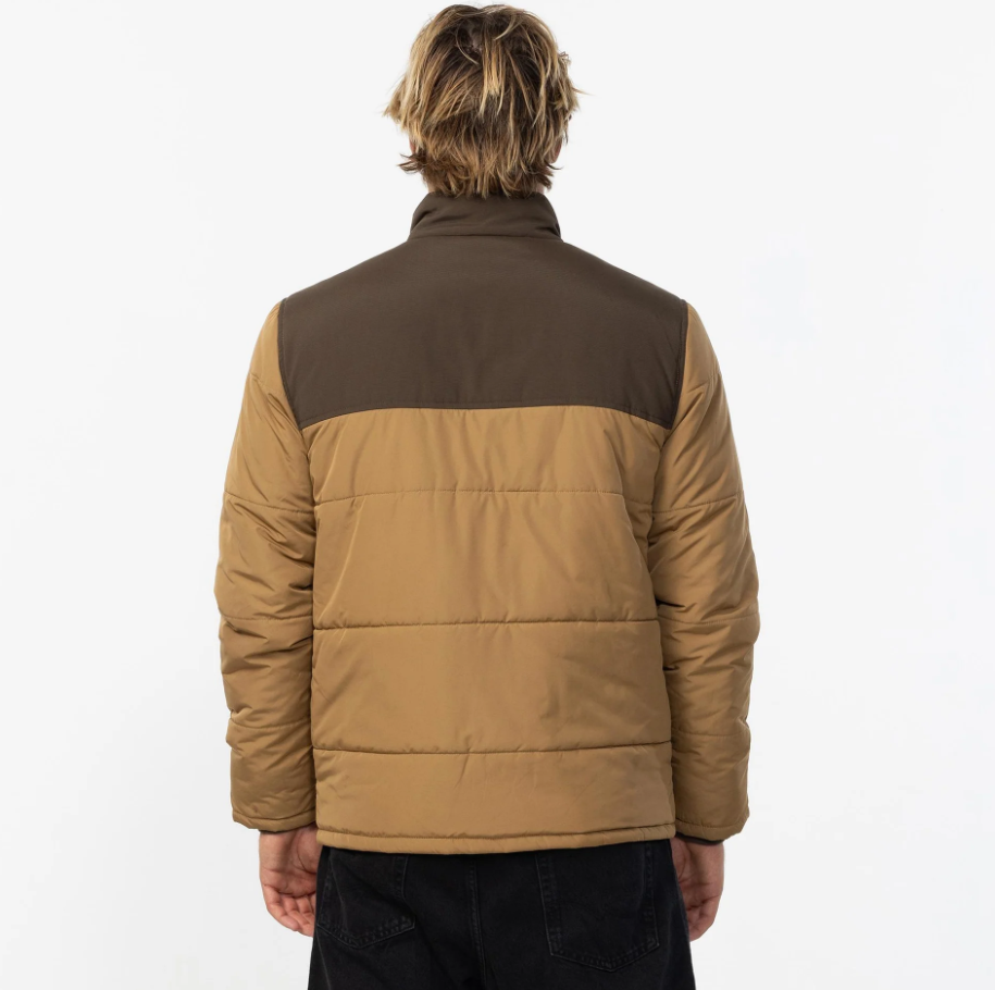 O'Neill Vista Quilted Jacket in dark khaki on male model backside