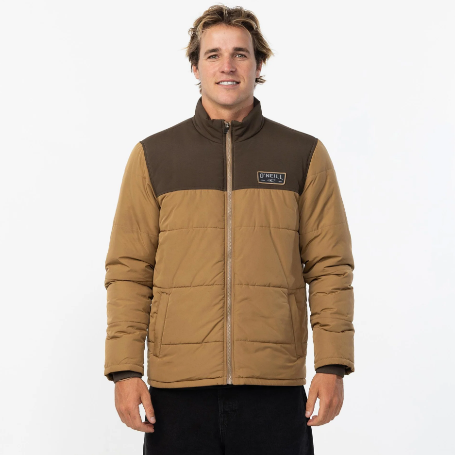 O'Neill Vista Quilted Jacket in dark khaki on male model frontside