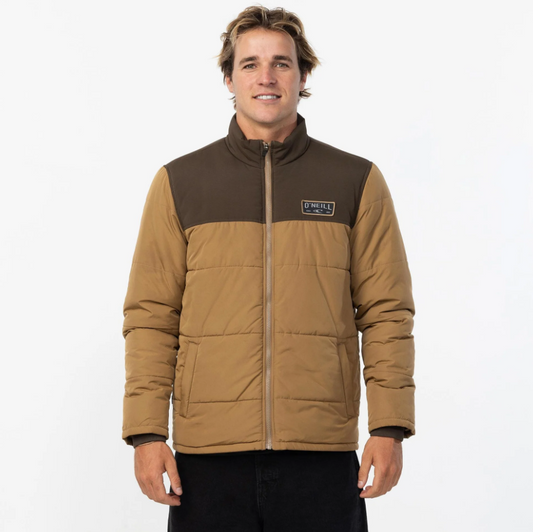 O'Neill Vista Quilted Jacket in dark khaki on male model frontside