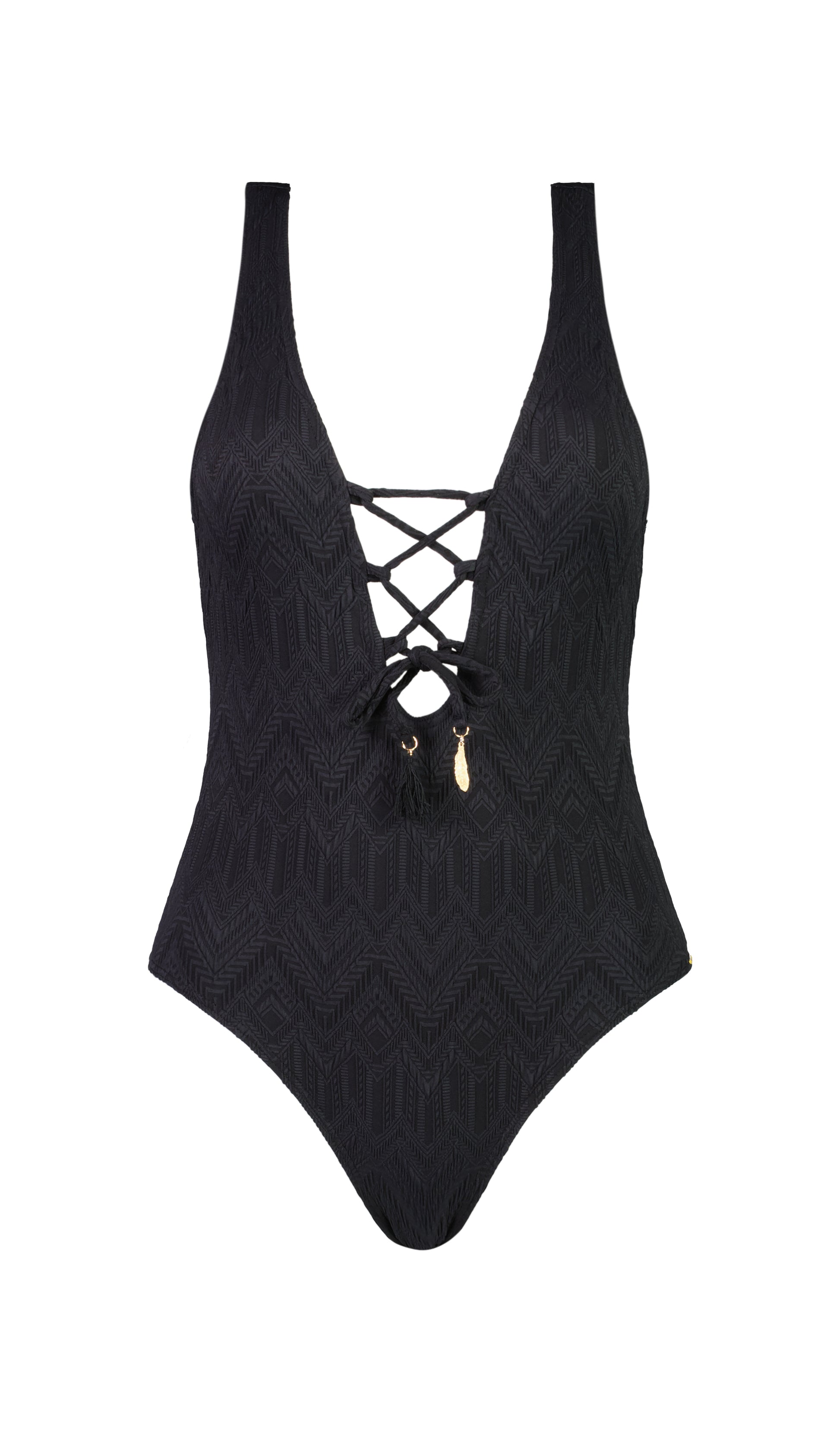 Piha Swimwear Lacing Gelato One Piece Swimsuit in black from front