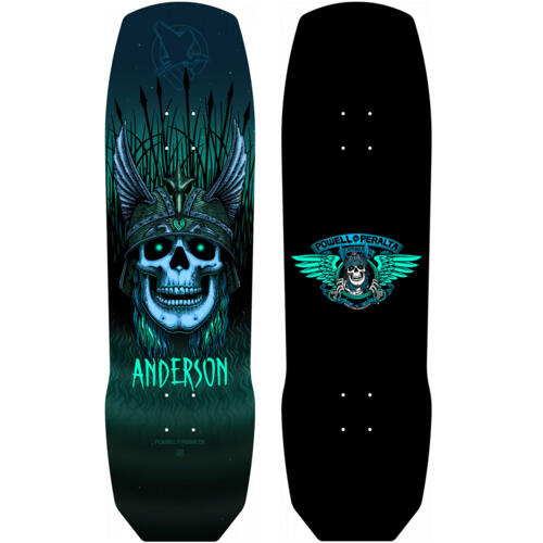 Powell Peralta 9.13" Andy Anderson Heron Skull Deck in teal colour showing top and bottom