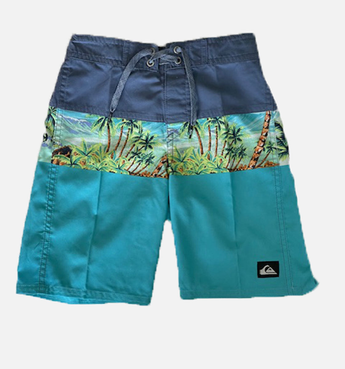 Quiksilver Boys Everyday Panel 13" Boardshorts dark Blue With Palmtree Print top and lighter blue at bottom displayed from front 