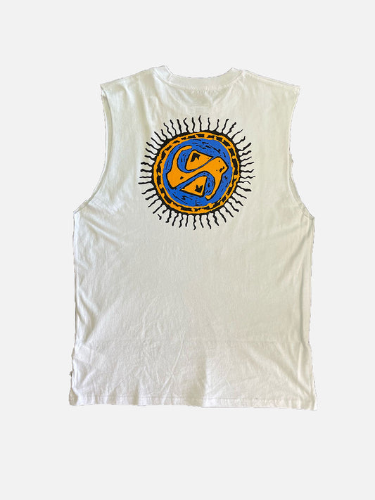 Quiksilver White Fun Zone Muscle Tee With Quicksilver logo displayed from back. 