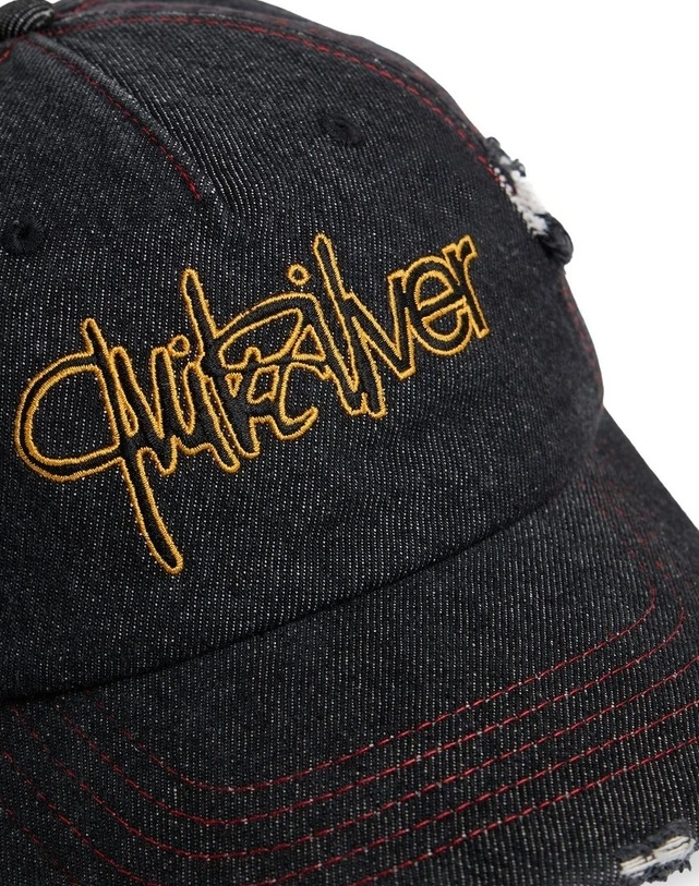 Quiksilver Altered 5 Panel Denim Cap in black denim close up of the front embroidery