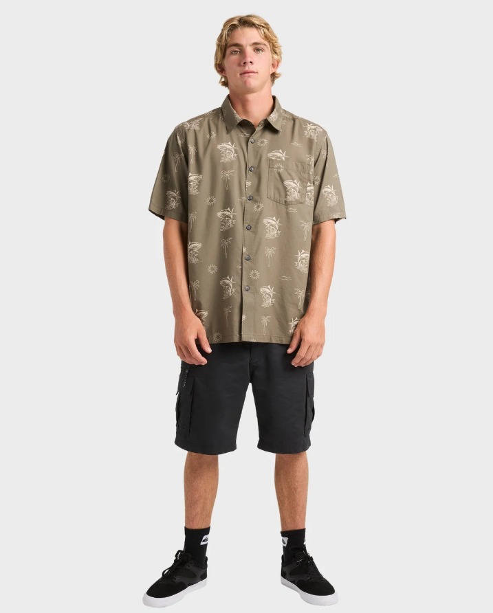 Quiksilver Atoll Short Sleeve Shirt in olive colourway on model from front